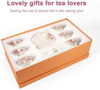 Cup and Saucer Sets of 6 with Spoon, 8oz Ceramic Tea Cups Saucers Set Porcelain New Bone China Floral Vintage Coffee Cup & Saucer Sets -Microwave Dishwasher Safe (Pink) - Image 6