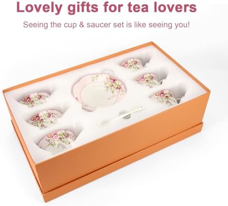 Cup and Saucer Sets of 6 with Spoon, 8oz Ceramic Tea Cups Saucers Set Porcelain New Bone China Floral Vintage Coffee Cup & Saucer Sets -Microwave Dishwasher Safe (Pink) - Image 6