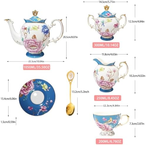 Bone China Tea Set, Vintage Floral Tea Sets for Adults, 21-Piece Blue Porcelain Tea Sets for 6, Bird Tea Cup Set with Teapot, Sugar Bowl, Creamer, Gold Trim, Perfect Gift for Tea Lovers - Image 2