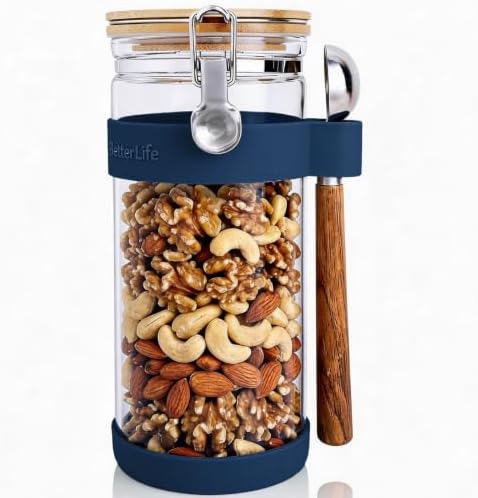 KKC Nut Storage Container Airtight Glass Jar 1500ml 50 oz - Airtight Pantry Storage Canister with Bamboo Lid, Silicone Protective Sleeve & 1 TBSP Long Wooden Handle Spoon for Walnut Almond Pecan by KKCHOMEACCENTSGmbH