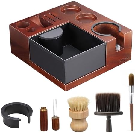 Espresso Knock Box, Walnut Tamping Station, 9 in 1 Coffee Organizer Box Fit for 51mm 54mm 58mm, Coffee Distributor & Portafilter, Espresso Accessories Kit by Fosinsee