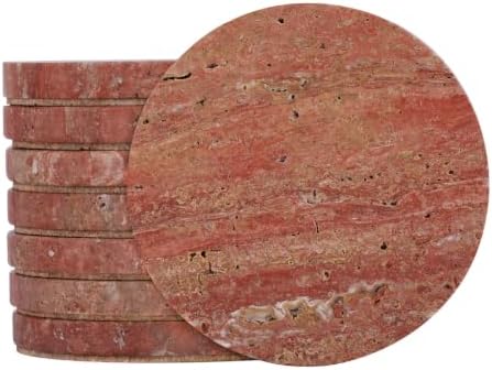 Red Travertine Coasters Set of 8, 3.9"Round Stone Drink Coasters, Cork Base by JUNTALIS