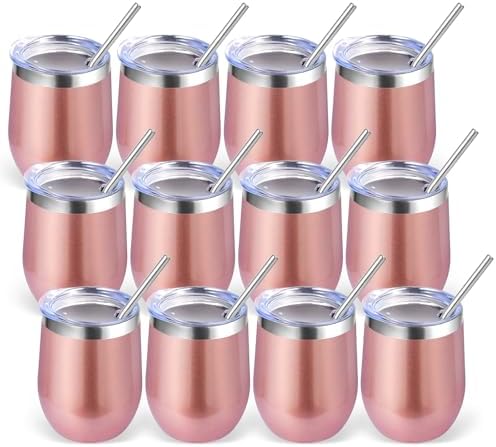 Volhoply 12oz Stainless Steel Wine Tumbler with Lid Bulk 12 Pack,Double Wall Vacuum Stemless Wine Glasses,Reusable Metal Travel Coffe Mug with Straw,Insulated Cup Gifts for Christmas（Rose Gold,12 Set） by LiveFully%EF%BC%8CDrinkFreely%E2%80%94KeepGoingwithVolhoply%EF%BC%81