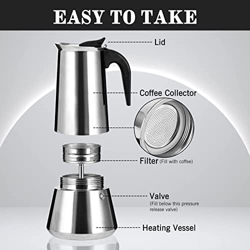 Stainless Steel Stovetop Moka Pot Espresso Maker Percolator 12 Cup 600ml Portable Italian Greca Cuban Coffee Maker for Big Family Home Office Camping, Work with Gas Electric Ceramic Stovetop - Image 6