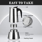 Stainless Steel Stovetop Moka Pot Espresso Maker Percolator 12 Cup 600ml Portable Italian Greca Cuban Coffee Maker for Big Family Home Office Camping, Work with Gas Electric Ceramic Stovetop - Image 6
