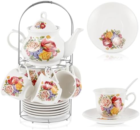 Zhehao 20 Pcs Porcelain Tea Set for Adult, with Metal Holder, Floral by Zhehao