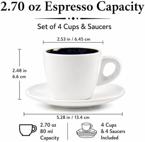 Bacimi® Espresso Cups and Saucers Set of 4 – 2.7oz Thick Barista Style Stoneware Cups - Blue Glaze Classic Italian Design - Ceramic Cups For Espresso, Macchiato, Doppio – Dishwasher & Microwave Safe - Image 4