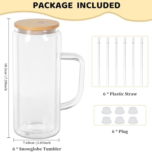 20 Oz Snow Globe Glass Cup With Handle, 6 Pack Pre-Drilled Double Wall Glass Coffee Mug For Snowglobe Diy Glitter, Double Wall Snow Globe Tumbler with Bamboo Lid - Image 6
