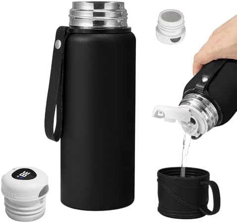 Double wall vacuum Leakproof stainless steel wide mouth insulated water bottle tea tumbler with cup,lid;smart thermoses hot coffee,thermal flask ice drinks with led digital temperature display by Unknown