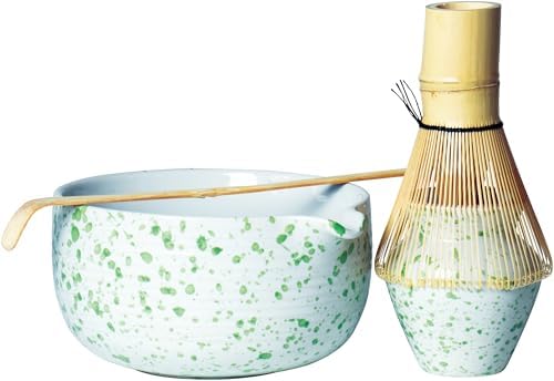 Matcha Tea Set, 4 Pieces, Green Speckled with Bamboo Matcha Broom and Porcelain Bowl, Bamboo Spoon and Broom Holder, Asian Set for Match Tea Lovers, 1 Set by JADE+TEMPLE