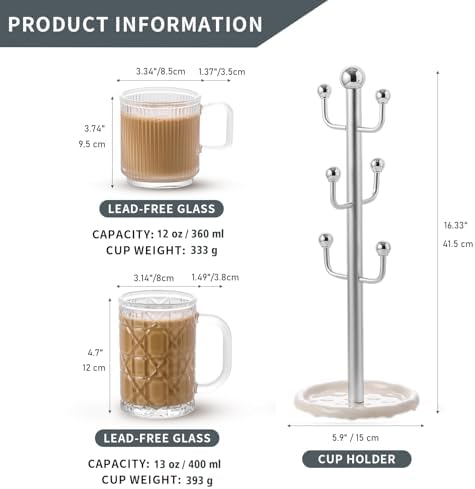 6 High-End Glass Coffee Mugs with Handles and Holders, 12 Ounce Classic Vertical Striped Glass Mug Set, Transparent Tea Cups for Hot and Cold Drinks, American Style, Latte, Cappuccino - Image 4