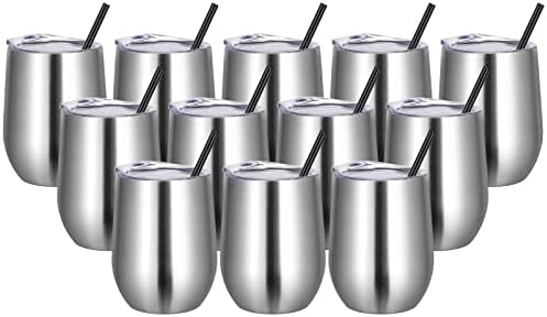 VEGOND Wine Tumblers Bulk 12 Pack, 12oz Stainless Steel Stemless Wine Glass with Lids and Straws, Double Wall Vacuum Insulated Tumbler Cup, Coffee Mug for Cold Hot Drinks by VEGOND