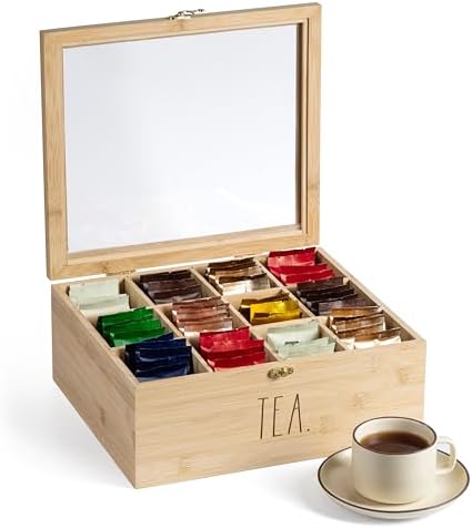 Rae Dunn Tea Bag Organizer - Tea Box Divided Storage Container Box with Hinge Lid for Kitchen Cabinet, Countertop, Pantry, Hold Coffee Pods, Seasoning Packets, Condiments, Bamboo by RaeDunn
