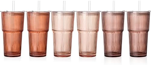 6PCS Brown Ribbed Glass Cups with Lids and Straws, 20oz Brown Vintage Drinking Glasses, Aesthetic Iced Coffee Cups, Glass Tumbler for Boba, Beer, Tea, Cocktails, Venus Ribbed Glassware Set (Venus-6) by SIPBYSOP