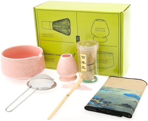 7 Pcs Matcha Whisk Set Pink, Ceramic Matcha Set Includes Matcha Bowl, Matcha Whisk And Holder, Bamboo Scoop, Scoop Rest, Sifter And Tea Towel Tea Making Kit Gift for Matcha Lovers (Spray pink) by Tcwhniev