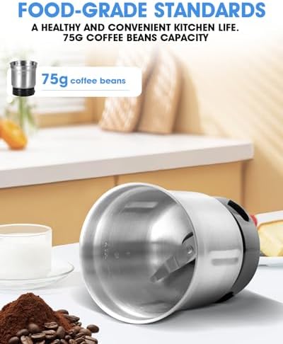 Electric Coffee Grinder,250W Powerful Motor Kichen Grinder,Quite Home Machine with 75g Coffee Bean Capacity,for Beans Spices Nuts Grians Herbs,Stainless Steel and Black - Image 2