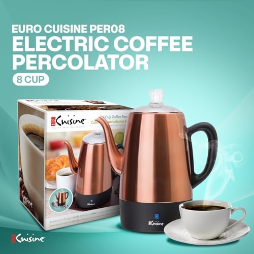 Euro Cuisine PER08 Stainless Steel Electric Coffee Percolator, 8 Cup, Polished Copper Finish, Dripless Gooseneck Spout, Clear Glass Knob, Brewing Indication, Keep-Warm Function, Detachable Cord - Image 2