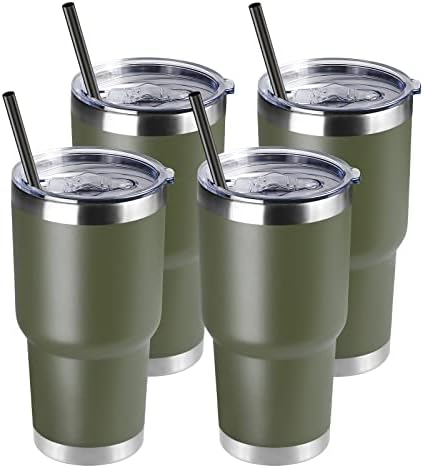 DOMICARE 30 oz Tumbler with Lid and Straw, Stainless Steel Tumblers Bulk, Insulated Vacuum Double Wall Travel Coffee Mug, Durable Powder Coated Tumbler Cups (Army Green, 4) by VisittheDOMICARE