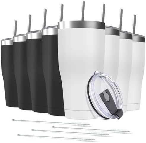 8 Pack 30oz Stainless Steel Tumblers Bulk Reusable Travel Mugs with Lid, Double Wall Powder Coated Coffe Cup for Home, Office, Outdoor Suitable for Vehicle Cup Holders by Deitybless