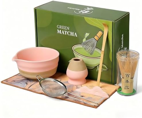 Matcha Whisk Set,7-Piece Ceramic Matcha Bowl & Bamboo Whisk Kit with Spout, Sifter, Scoop,Holder,Rest & Towel for Traditional Japanese Tea Ceremony,Ideal Gift for Matcha Lovers (Pink) by Velytycheon