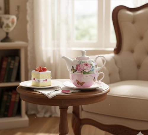 ONEUSTAR Tea for One Set Ceramic Floral Teapots with Cup in Gift Box, Pink - Image 3