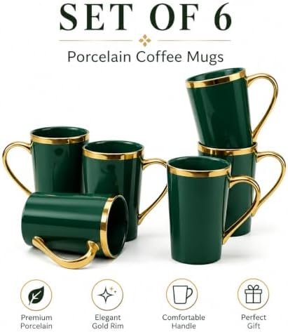 Green and Gold Coffee Mugs Set of 6, 12 oz Porcelain - Image 2