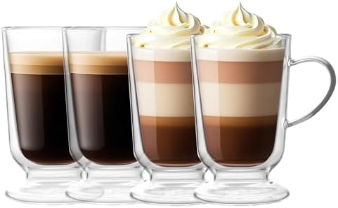 NIRA.Z 12.5 OZ Double Walled Glass Coffee Mugs with Handle Set of 4 Clear Insulated Irish Coffee Cups Hand Blown Glass Cups for Hot Cold Beverages, Cappuccino, Latte, Tea, Espresso, Juice, Americano by NIRAZ