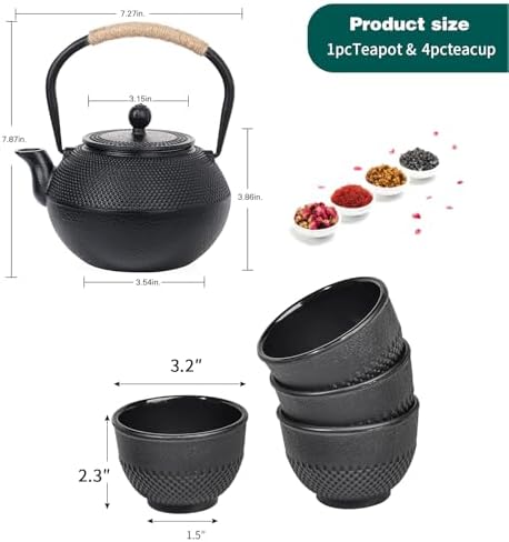 Sungmor Cast Iron Teapot Set with 4 Cups, 1200ml/40oz Japanese Tetsubin Kettle with Stainless Steel Infuser, Stovetop Safe Teapot for Loose Leaf Tea - Image 6