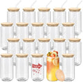 WHEATHUSK 20 Pack Glass Cups with Bamboo Lids and Glass Straws 16oz Clear Glass Tumblers Beer Can Shaped Drinking Glasses Iced Coffee Cups, Cute Tea Cups for Whiskey, Soda, Cocktail, Gift by Coloryourlife