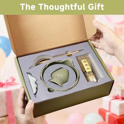 8-Piece Matcha Whisk Set, Ceramic Bowl and Tools, Celadon Lotus - Image 7