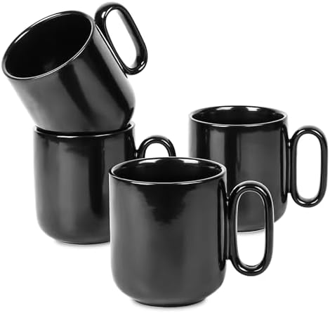 vicrays Ceramic Coffee Mug Set - 18 Ounce Large Stoneware Mug for Men Women - Unique Glazed Porcelain Mugs with Handle for Coffee Latte Tea Milk Cocoa - Set of 4 (Black) by VicraysCeramic