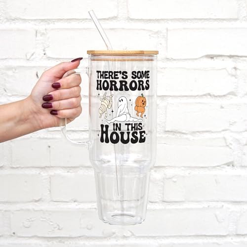 Sip-Sip Hooray! Horrors in This House 40oz Glass Tumbler with Lid and Straw, Halloween Iced Coffee Cup Gift - Image 2