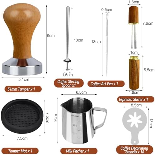 22 PCS Coffee Espresso Tamper Set, 51mm Espresso Accessories with Espresso Tamper, WDT Tool, Coffee Stirrer, Frothing Pitcher, Latte Art Pen, Tamper Mat, Coffee Stencils for Espresso Machine - Image 6