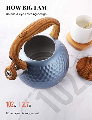 BELANKO 2.7 Quart Tea Kettle for Stovetop - Food Grade Stainless Steel with Diamond Texture, Designer Teapot Look, Cool-Touch Wood Pattern Handle, Whistling Spout - Glacier Blue - Image 3