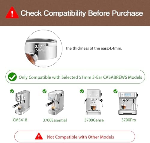 51mm Bottomless Portafilter with Puck Screen, 3 Ears Stainless Steel Head, Compatible with CASABREWS CM5418, 3700Essential, 3700Gense Espresso Machines, Includes 304 Stainless Steel Filter Basket - Image 2