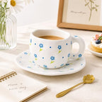 10oz Hand-Painted Ceramic Cup and Saucer Set, Cute Floral Print Coffee Mug with Handle, Porcelain Tea Cup for Office, Home, Kitchen, for Coffee Lovers - Image 3