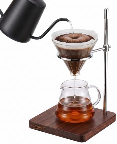 Pour Over Coffee Maker Stand with American Black Walnut Base, Stainless Steel Adjustable Dripper Holder, Wooden Brewing Station, Cone Brewer Rack, Barista Accessories & Kitchen Coffee Décor by COZYGIFT