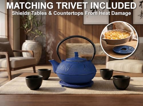 85 Oz XXL Blue Bamboo Cast Iron Teapot, Enamel Interior, Infuser & Trivet - Image 4