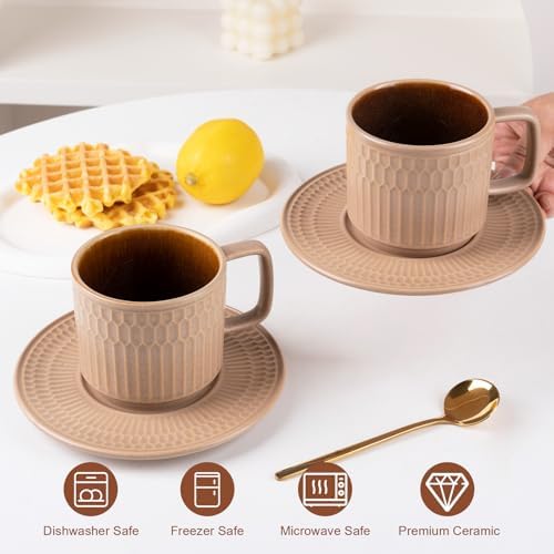 8oz Cappuccino Cups with Saucers Set of 4, 8 Ounce Stackable Embossed Ceramic Coffee Mugs for Specialty Coffee Drinks, Latte Mugs, Cafe Mocha and Tea, Dishwasher & Microwave Safe (Brown) - Image 6