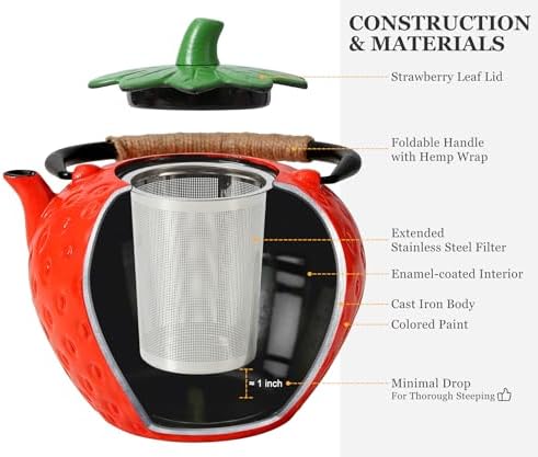 VICSKY Strawberry Cast Iron Teapot (Red) - Japanese Tetsubin Tea Kettle 50oz/1500ml | Enameled Interior & Extended Infuser for Loose Leaf and Tea Bags | Stovetop Safe | Cute Sweet Holiday - Image 3