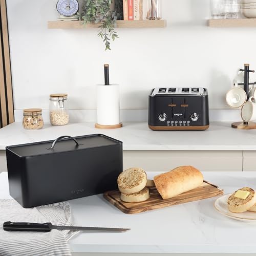 Salter BW13564EU7 Toronto Bread Bin With Chopping Board – Countertop Storage Box With Wooden Base for Cutting & Serving, Rectangular Bread Holder Container for Kitchen, Easy To Clean, Acacia, Black - Image 3