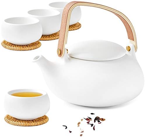 ZENS Japanese Tea Set with 4 Cups, 27oz Ceramic Infuser Pot for Loose Tea by ZENSLIFESTYLE