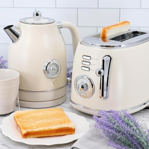 1.8 Quart Electric Tea Kettle and 2 Slice Toaster Combo, Matte Cream, Retro Kitchen Appliance Set with Adjustable Browning and Water Temperature Gauge - Image 3