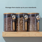 JoyJolt Holden 32oz Stackable Glass Storage Containers with Lids and Scoops, Airtight Food Canister Set of 3 w/Acacia Wood Lids, Round Stacking Pantry and Kitchen Containers w/Scoop | Smoke Blue - Image 5