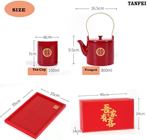 Double Happiness Porcelain Red Wedding Tea Set, Wedding Tea Service Set, Chinese Traditional Tea Set for Wedding Birthday Housewarming Awards (1 Teapot+ 6 Tea Cups+ Tray) - Image 3