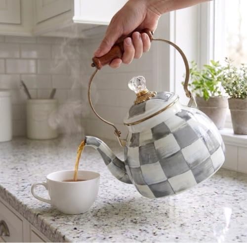 Checkered Tea Kettle for Checkered Kitchen Decor - Gray and White Tea Kettle for Stovetop - Stylish Enamel Teapot with Wooden Handle - Vintage Classic Teapot with Elegant Lid & Knob- 2.5 Quart - Image 4