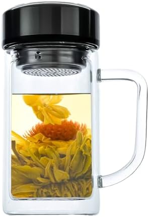 Amruta 13oz/380ml Glass Infuser Bottle Tea Tumbler w/Handle, Double-Walled Borosilicate Glass for Loose Leaf Tea & Coffee,304 Stainless Steel Lid & Strainer, Heat Resistant & Leak-Proof by Amruta