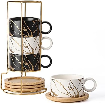 LUKA Porcelain Espresso Cup with Metal Stand, 6 Ounce Stackable Ceramic Demitasse Espresso Mugs Cappuccino Cups Set for Latte,Coffee,Cafe Mocha,Tea(Set of 4) by LUKA