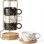 LUKA Porcelain Espresso Cup with Metal Stand, 6 Ounce Stackable Ceramic Demitasse Espresso Mugs Cappuccino Cups Set for Latte,Coffee,Cafe Mocha,Tea(Set of 4) by LUKA