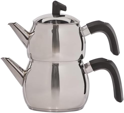 Karaca Belinay Teapot Set Silver Black, Medium Teapot, 18/10 Stainless Steel, Teapot/Lid (1 lt, 2.20 lb), Tea Kettle (1.6 lt, 3.5 lb), Suitable for Induction by Karaca
